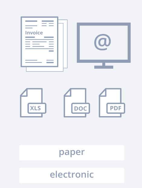 La solution de dématérialisation des factures fournisseurs comprend un processus en 4 étapes. L'étape 1 est "Numérisation / Importation". Dans cette étape, toutes vos factures sont importées via des scans, fax, courriels, SFTP, votre ERP, etc.