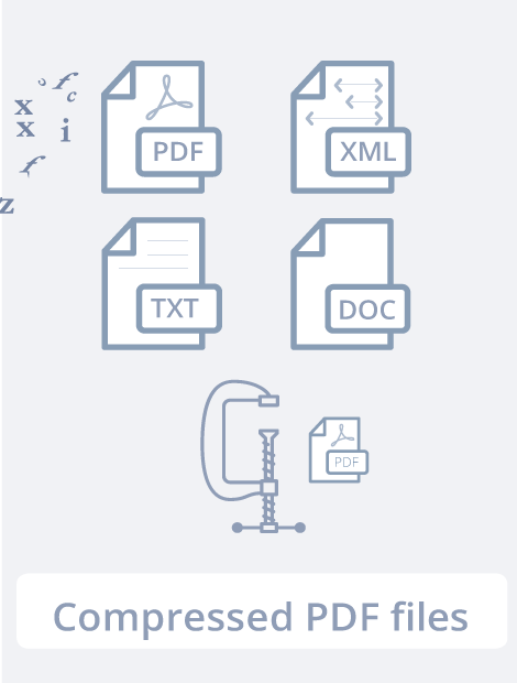 The Document Converter Solution has a process consisting of 4 steps. Step 3 is "Conversion". Output images and text layers are combined within compressed searchable PDFs for easy sharing and long-term archiving.