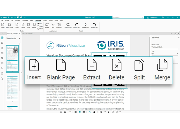 Screenshot of Readiris PDF, illustrating the combine and merge PDF feature