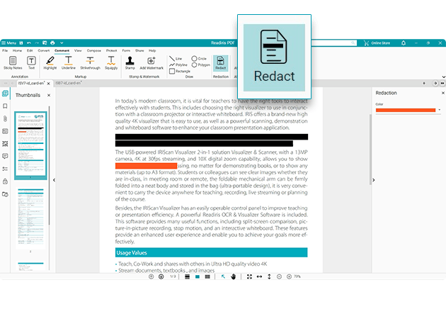 Securely redact sensitive data in PDF documents using the Readiris PDF interface.